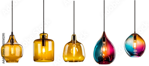 Group of assorted colorful modern glass pendant lights. Created using generative AI.