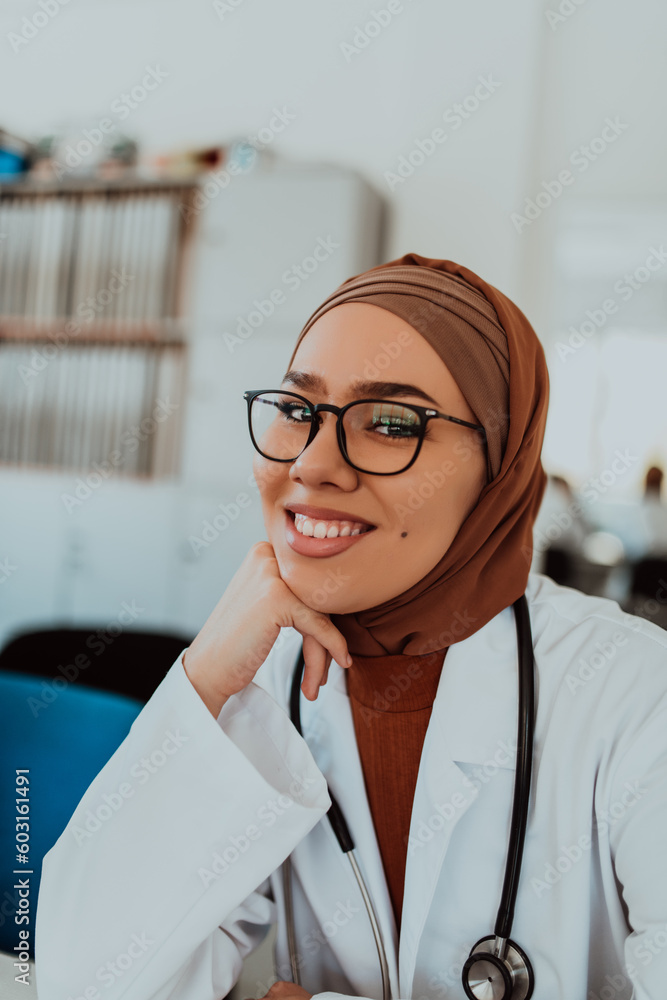 In a modern meeting room, a Muslim female doctor wearing a hijab ...