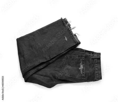 Stylish black denim jeans on white background