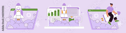 Successful business start up, launching new project concept. Creative, innovative idea. Set of hand drawn vector illustration isolated on purple background, modern flat cartoon style