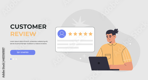 Man sitting with laptop giving feedback review or leaving comments. Customer satisfaction rating, landing page. Hand drawn vector illustration isolated on background, flat cartoon style