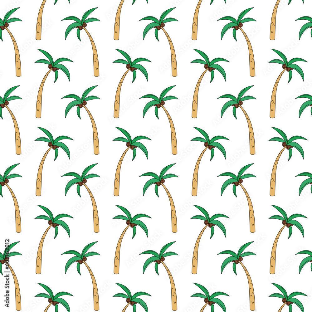 Fototapeta premium Doodle Palm trees seamless vector pattern. Repeat travel tropical background. Funny hand drawn summer elements