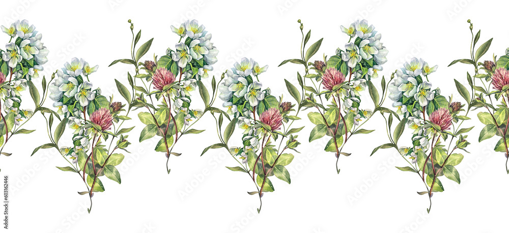 Seamless rim with watercolor bouquet apple tree flowers and clover on white background. Wildflower on meadow. Spring or summer plants for invite on celebration wedding. Border for wallpaper wrapping