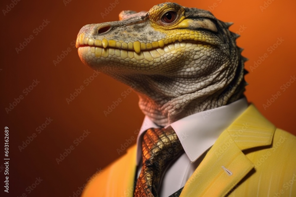Anthropomorphic crocodile dressed in a suit like a businessman. business concept. AI generated, human enhanced Anthropomorphic crocodile dressed in a suit like a businessman. business concept. AI generated, human enhanced