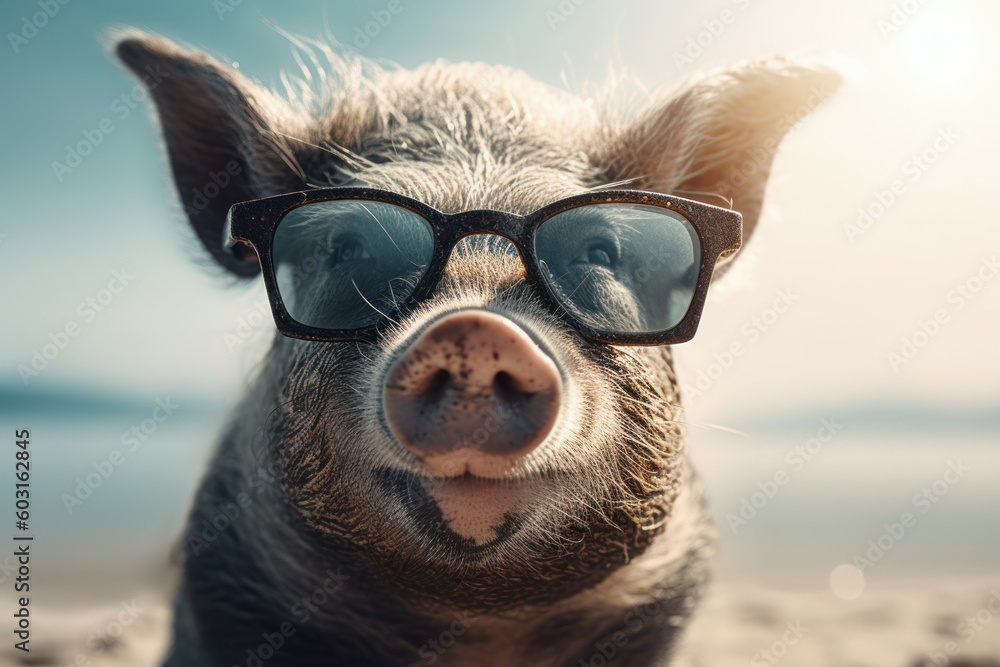 Funny cute pig in sunglasses with happy emotion. AI generated, human enhanced