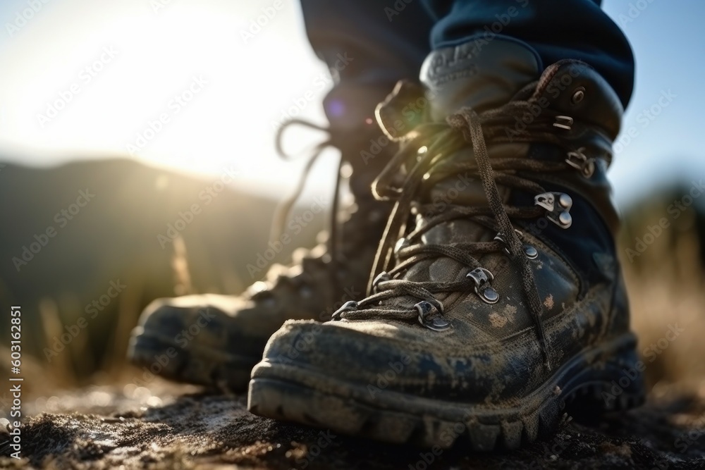 Hiker goes against sky and sun. Hiking concept. AI generated, human enhanced Hiker goes against sky and sun. Hiking concept. AI generated, human enhanced