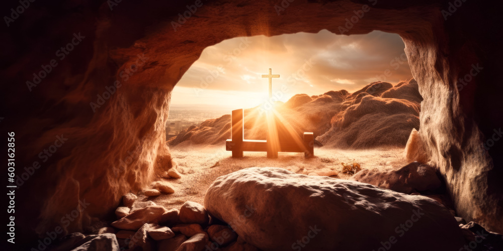Tomb Empty With Shroud And Crucifixion At Sunrise. Resurrection Of ...