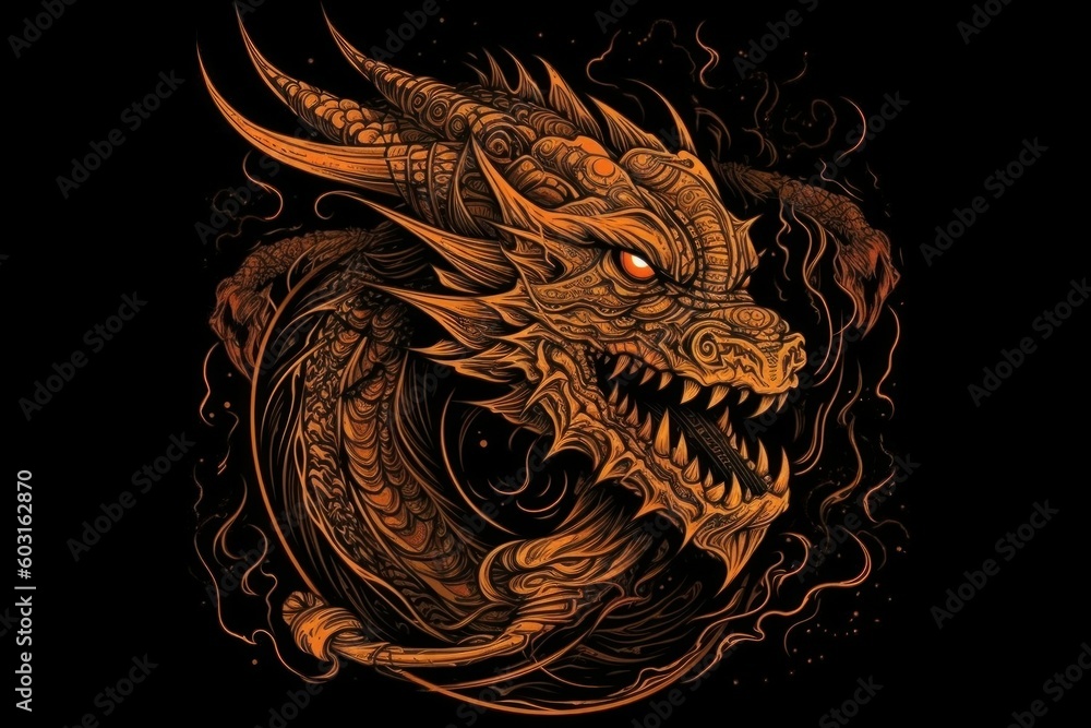 Dragon from fire on black background. Drawing style. Preparation for printing. AI generated, human enhanced