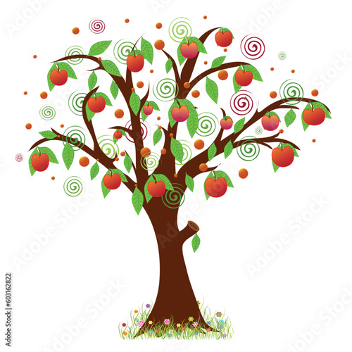 Apple tree with red apples. A fruit tree with a rich harvest of red apples and meadow grass with flowers. Object isolated.