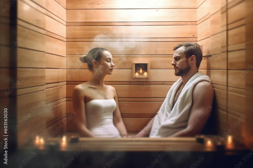 A man is relaxing in a sauna with a woman. Portrait with selective focus. AI generated, human enhanced