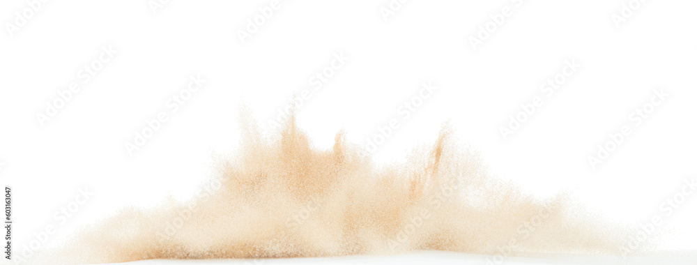 Naklejka premium Small Fine size Sand flying explosion, Golden grain wave explode. Abstract cloud fly. Yellow colored sand splash throwing in Air. White background Isolated high speed shutter, throwing freeze stop