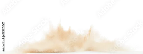 Obraz Small Fine size Sand flying explosion, Golden grain wave explode. Abstract cloud fly. Yellow colored sand splash throwing in Air. White background Isolated high speed shutter, throwing freeze stop