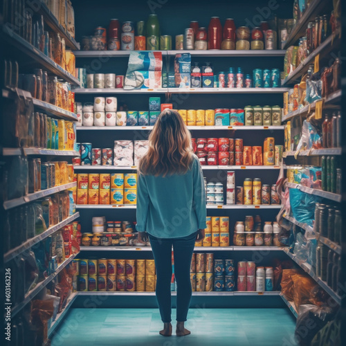 Woman with shopping between store shelf. Generative AI