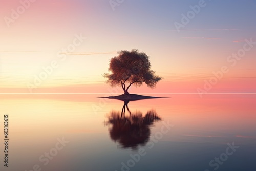 Calm Simplicity: A Lone Tree Standing in a Lake at Sunset with Vibrant, Warm Colors. Generative AI