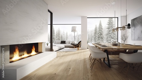 Modern Home Interior Design with Burning Fireplace and Breath-taking Backyard View - 3D Rendering   Illustration  Generative AI