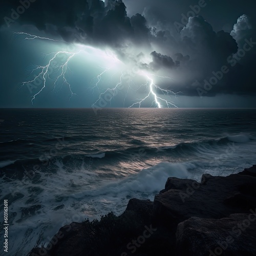 Striking Stormy Scene: Generative Nature of Lightning over the Ocean. Generative AI