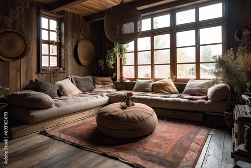 Relaxing at Home - Cozy Interior Living Room of Rustic House with Sofa  Pillows  and Sunlight Streaming in the Window. Generative AI