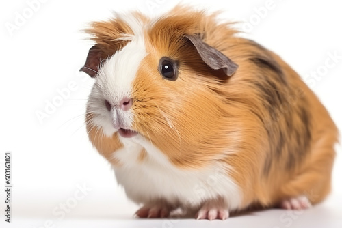 A brown and white guinea sitting on a white surface. Generative AI.