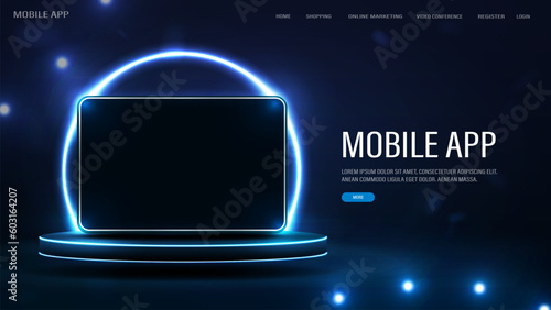 A web banner with a tablet on the podium with a neon bright circle in the background