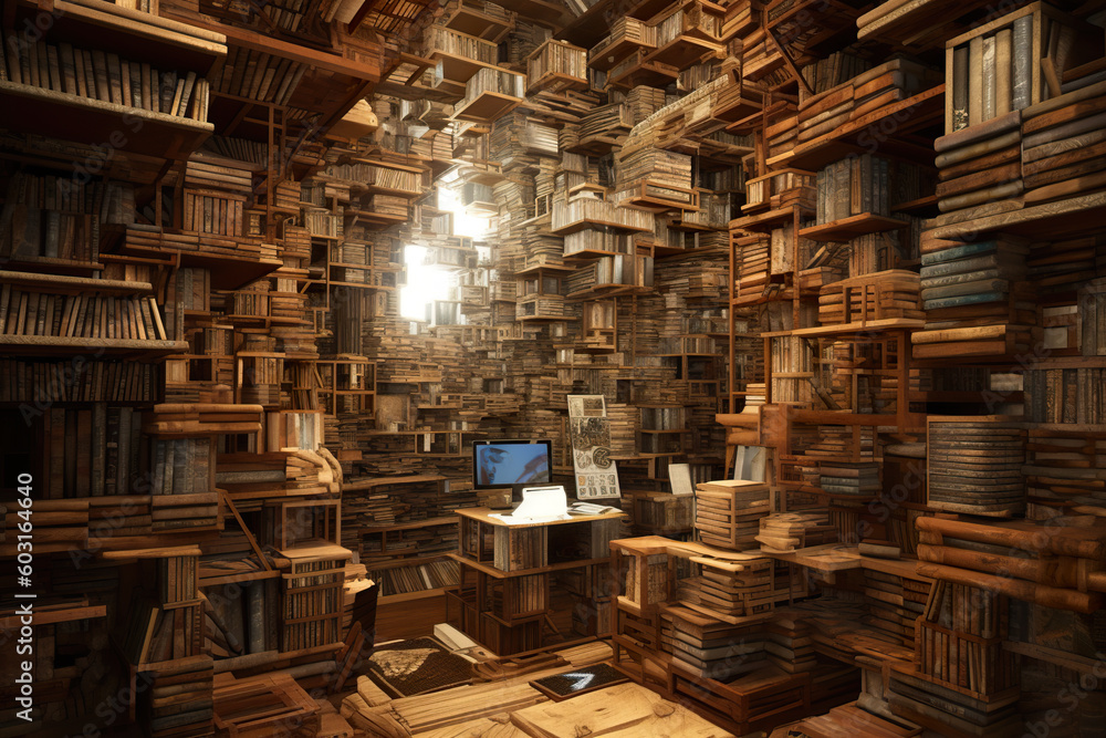 Obraz premium A room filled with lots of wooden books. Generative AI. Library of ancient wisdom.