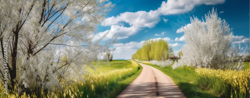 Springtime Serenity: Scenic Forest Road Through Blooming Willow Branches in Soft Focus, generative AI