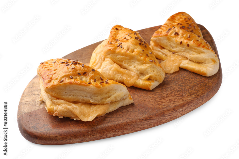 Fresh delicious puff pastry with cheese on white background Fresh delicious puff pastry with cheese on white background