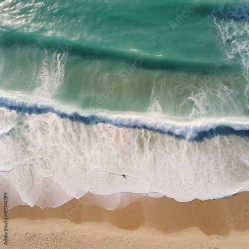 Ocean waves on the beach, top-down view of beach, sea with blue water Generative AI.