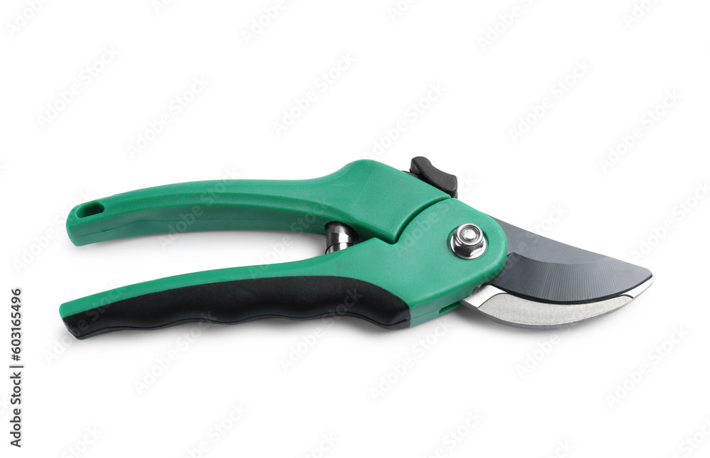 Secateurs with green handles isolated on white. Gardening tool