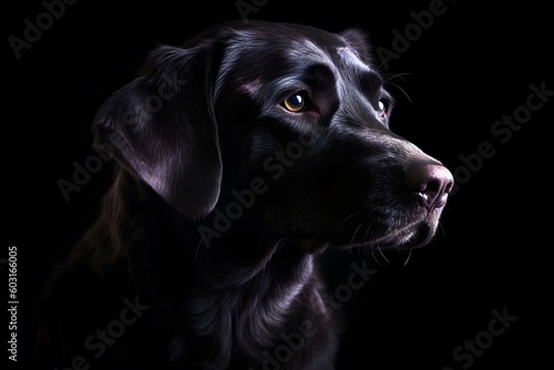 Black dog on a dark background. Generative AI technology © MELKUS