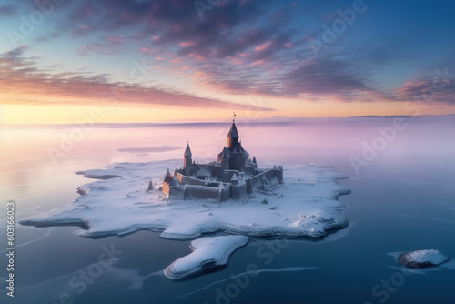 A castle on an ice floer in the middle of the ocean. Generative AI. © tilialucida