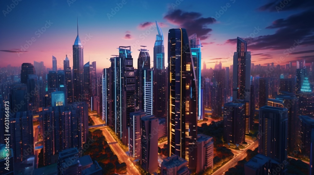 Fototapeta premium skyscraper, with its sleek lines, reflective glass facade, and vibrant city lights. Made by generative AI.