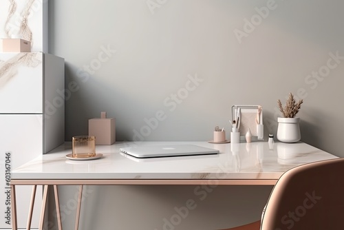 pastel beige minimalist office desk table. For a desk and workspace, keep it simple. mockup model,. Generative AI © Vusal