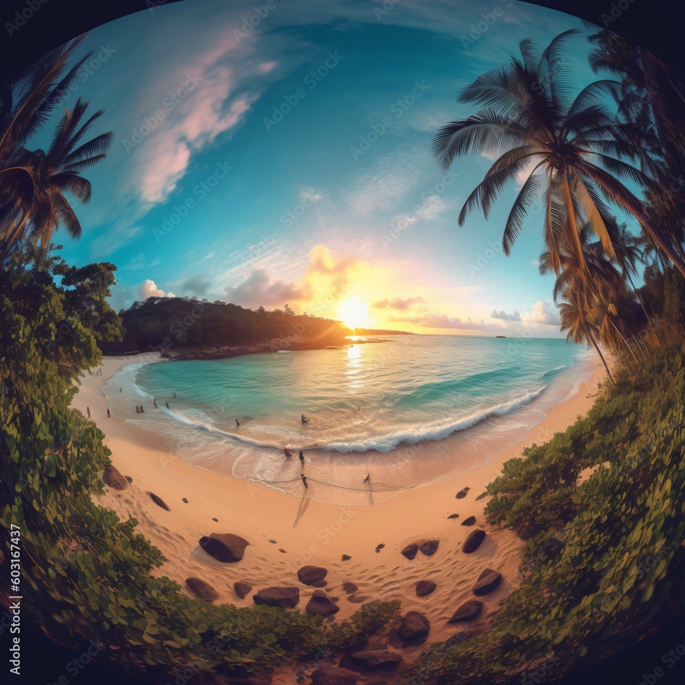 Fisheye view of a serene tropical beach with vibrant and turquoise water