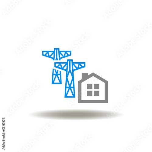 Vector illustration of electrical tower and house. Icon of smart electricity grid. Symbol of electrical power energy generation and transmission.
