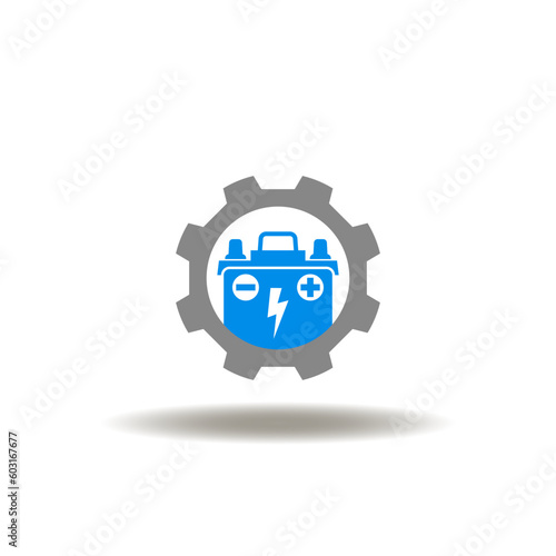 Vector illustration of gear and accumulator or battery. Icon of power, energy storage. Symbol of accumulator production, maintenance and management.
