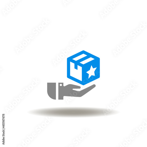 Vector illustration of hand hold or give box with star. Icon of pick fulfillment. Symbol of product quality assurance and standard.