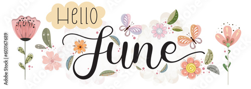 Hello June. JUNE month vector with flowers, butterfly and leaves. Decoration floral. Illustration June calendar
