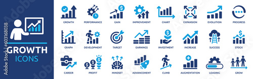 Growth icon set. Containing performance, gain, improvement, grow, chart, increase, evolution and development icons. Solid icon collection. Vector illustration.