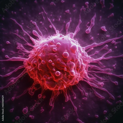 Cancer cells and cancerous malignant cell tumour growth in a human body caused by carcinogens and genetics, leukemia or lymphoma, hemotherapy or radiation therapy, Generative AI photo