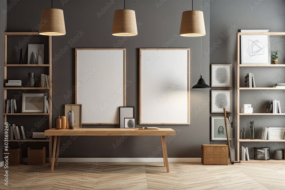 Fototapeta premium Posters are blank in the contemporary room. A shelf with books, lights, and a cabinet over a bright, reflective surface can be found in a living area or studio. Generative AI