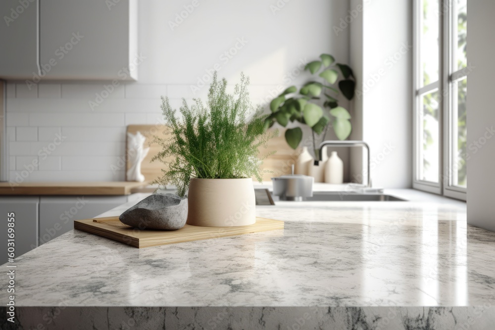 Realistic white granite kitchen counter top with an empty area and green plants in a ceramic vase for decoration. Templates, Background, Product overlay display, Morning sunlight. Generative AI