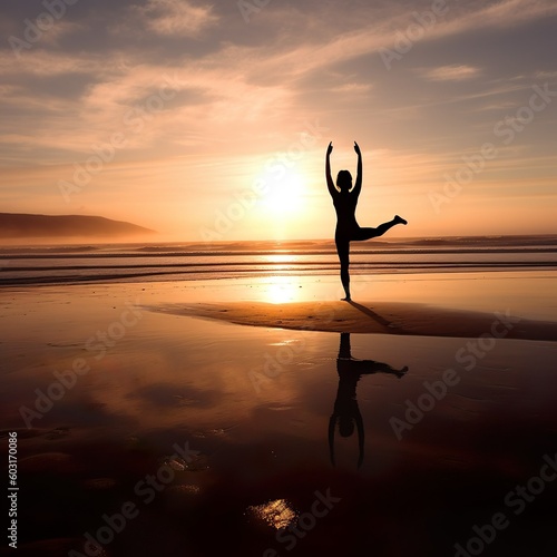 Fit woman doing yoga on a serene beach at sunrise.