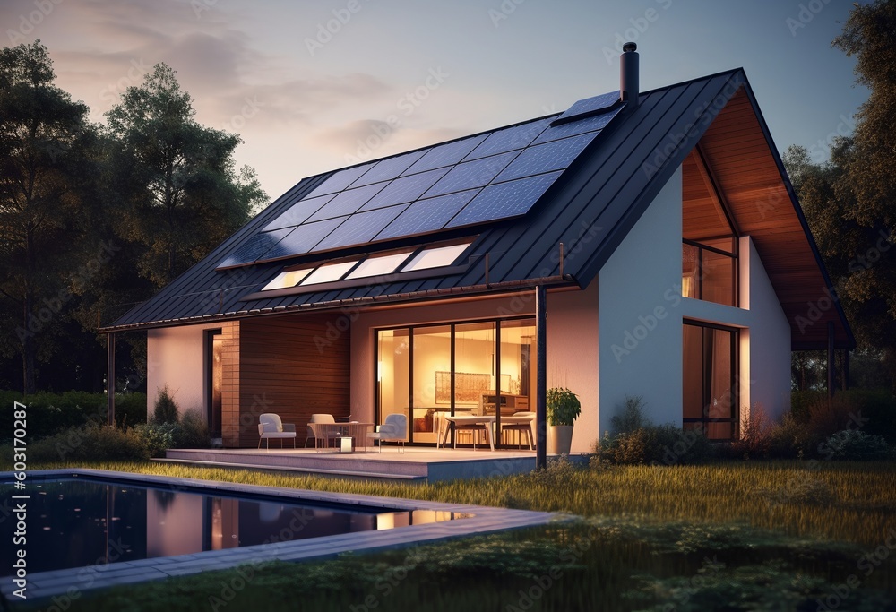 Modern home with solar panels, generative ai Modern home with solar panels, generative ai