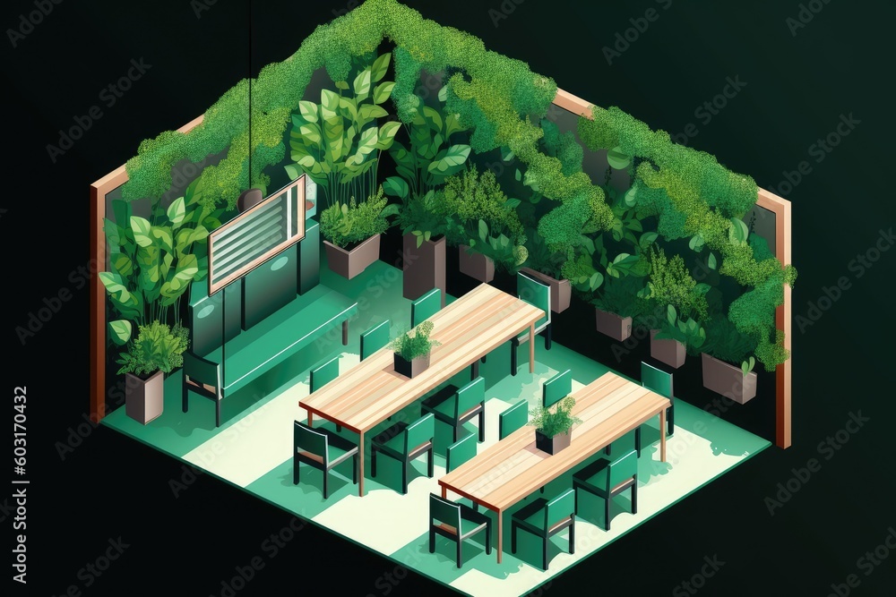 Restaurant with Wood Table and Isometric Green Wall. a restaurant with ...