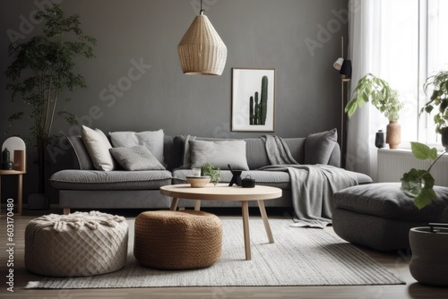 Scandinavian design, pleasant living room, modern interior. Gray sofa with several pillows, adjacent ambry, home with decorations and potted plants, daylight, no one, open space. Generative AI