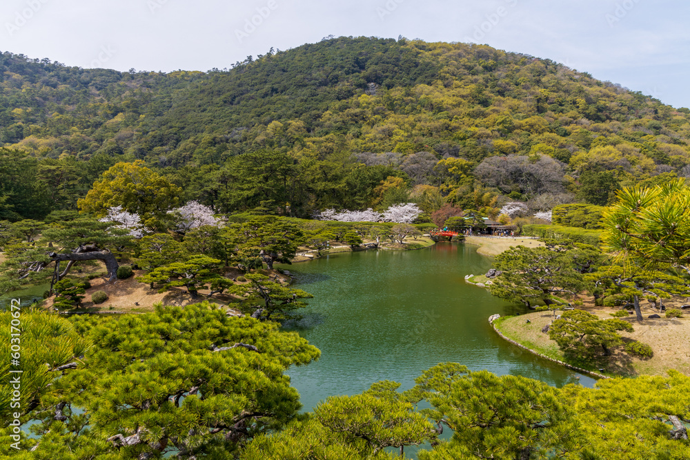 Ritsurin Garden in Takamatsu City, Kagawa Prefecture, Japan, one of the most famous Japanese historical gardens.