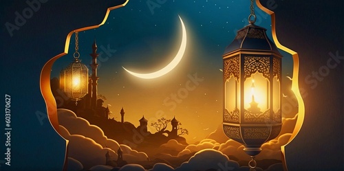 Islamic background in digital painting style shining lantern, create with generative AI.