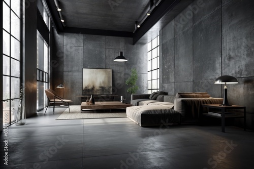 Realistic depiction of a modern minimalist interior with concrete grunge black walls that would work well as a virtual backdrop or in video conferences. Generative AI