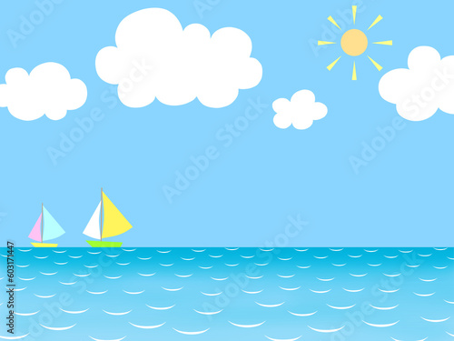 白い雲と太陽と青空とヨットが浮かんでいる海のシンプルなイラスト背景素材
