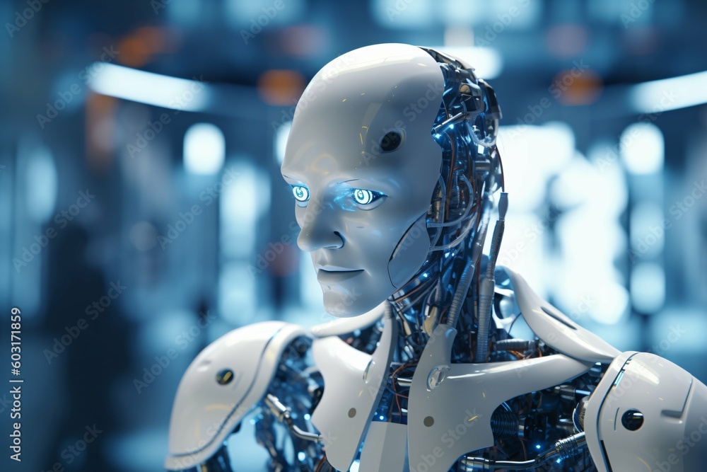 capturing a humanoid robot in a laboratory setting, surrounded by cutting-edge technology. Made by generative AI. capturing a humanoid robot in a laboratory setting, surrounded by cutting-edge technology. Made by generative AI.